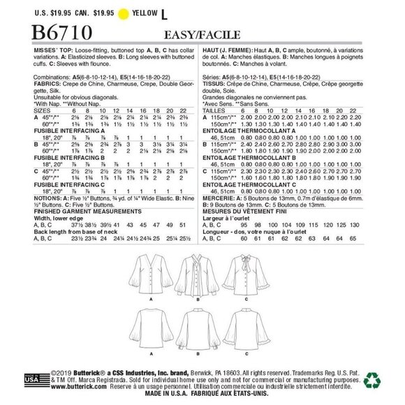 Butterick Sewing Pattern 10342 6710 Top Blouse Collar Tie Keyhole Misses Size 14 - Picture 2 of 6